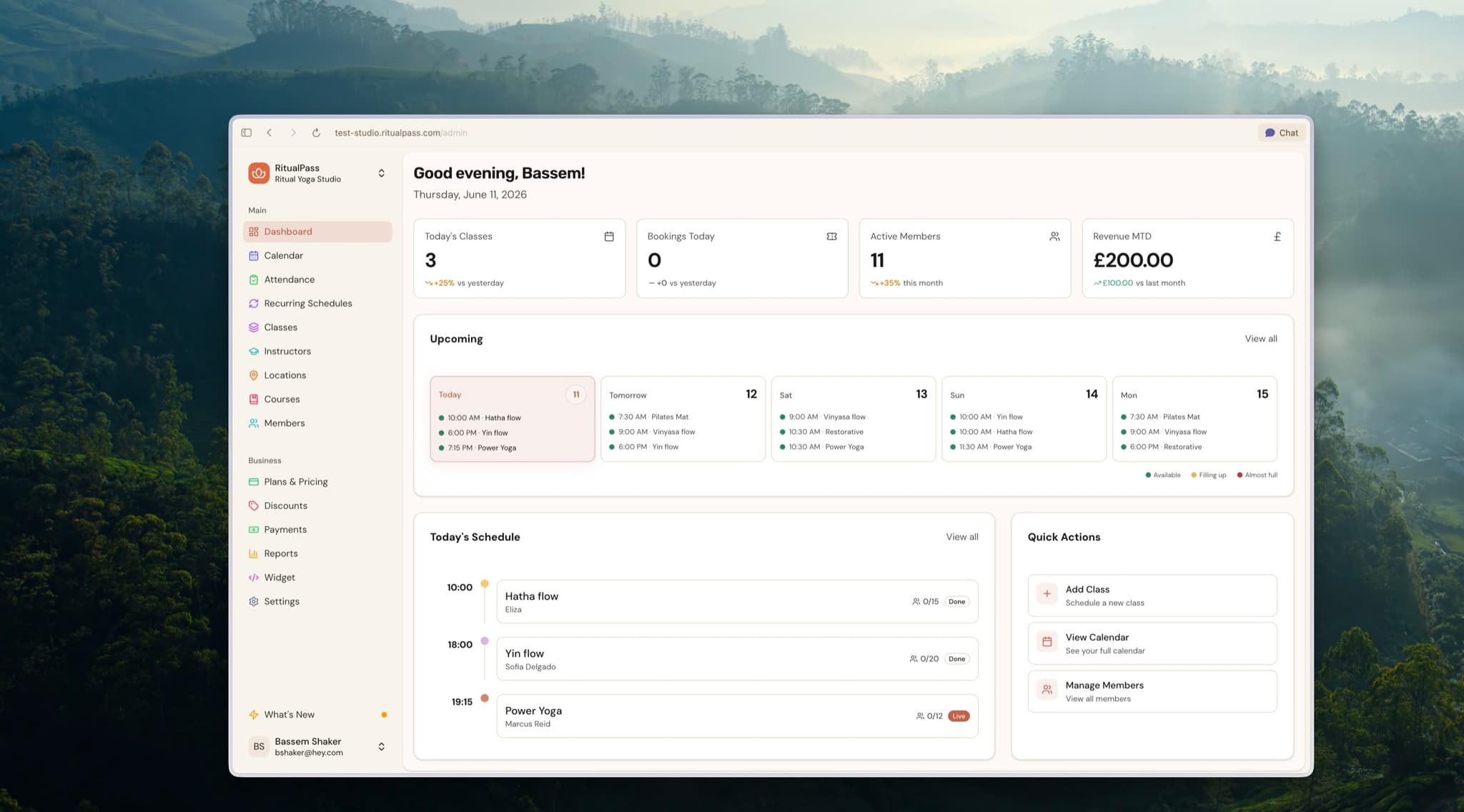 The RitualPass studio dashboard with today's classes, bookings, and revenue