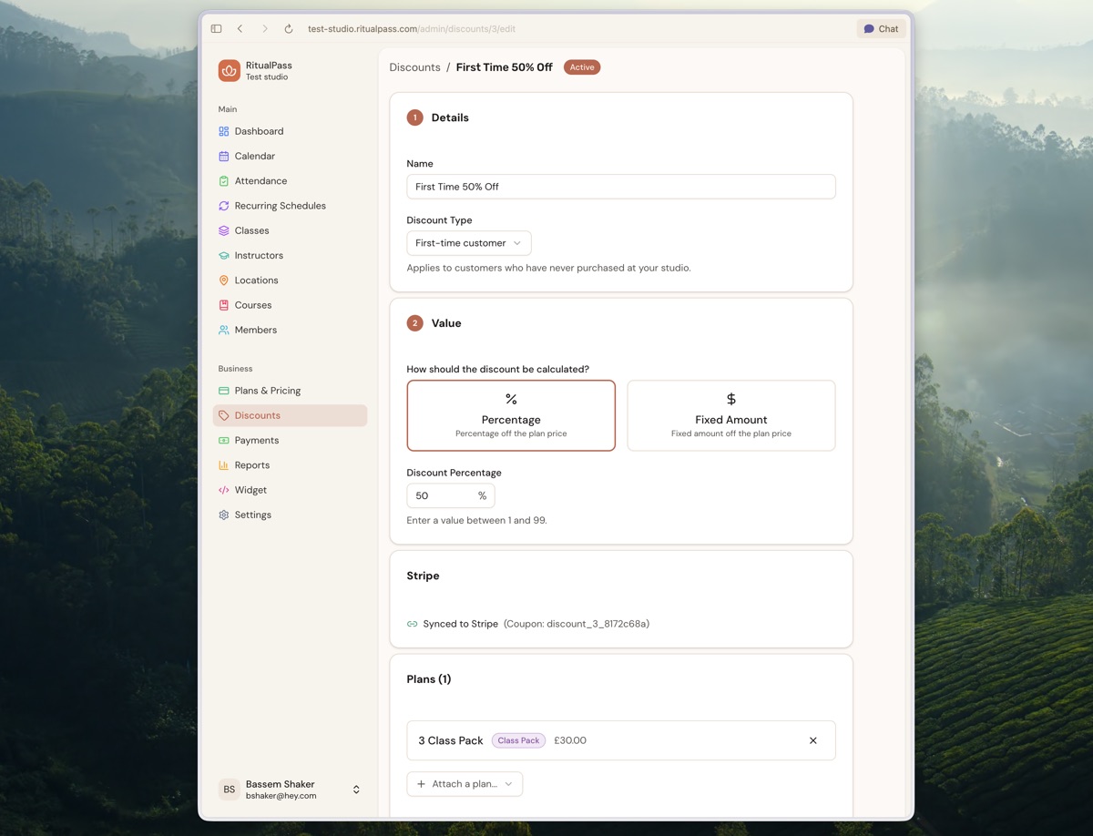 Discount management with percentage and fixed amount options