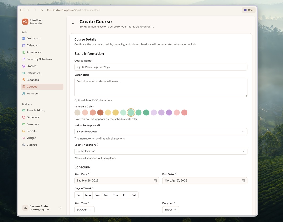 Create course form with scheduling options
