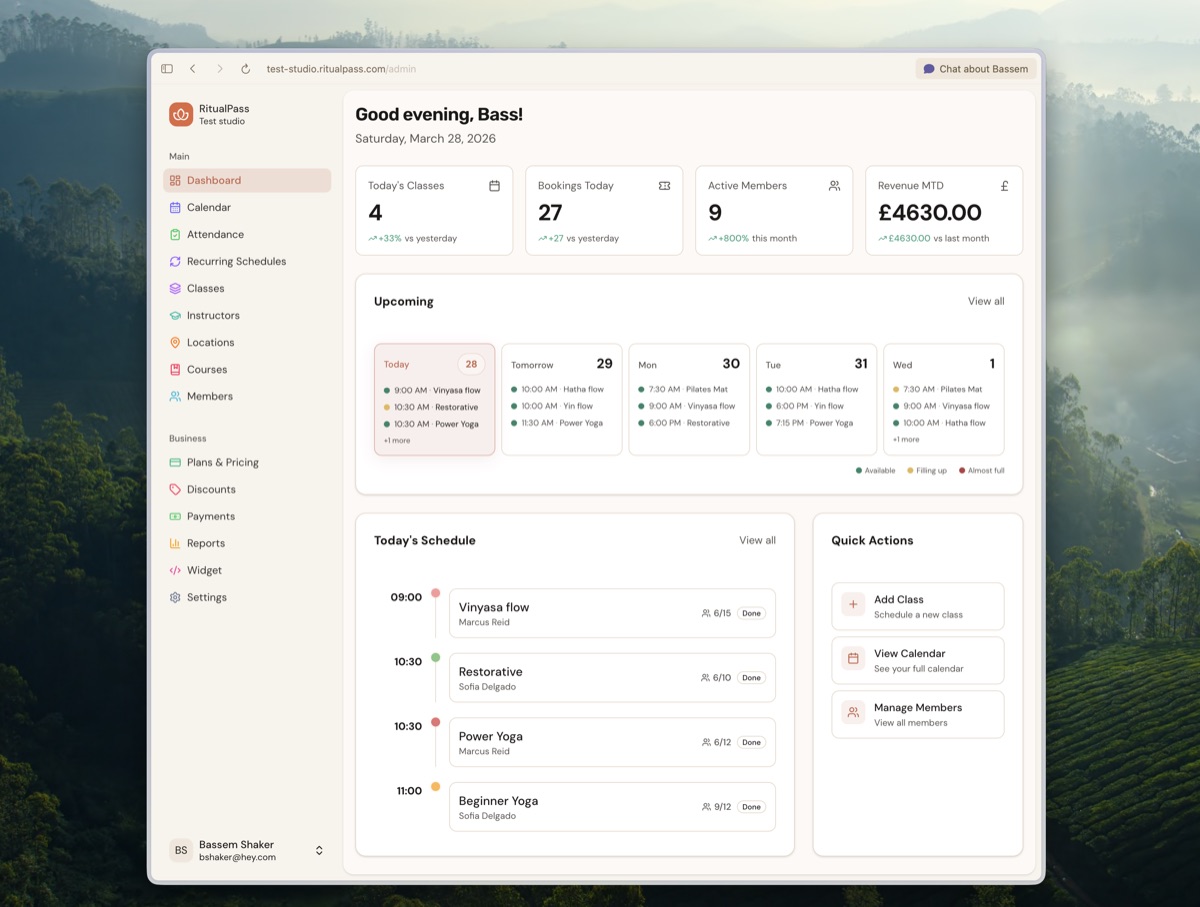 The studio dashboard with KPIs, schedule, and quick actions
