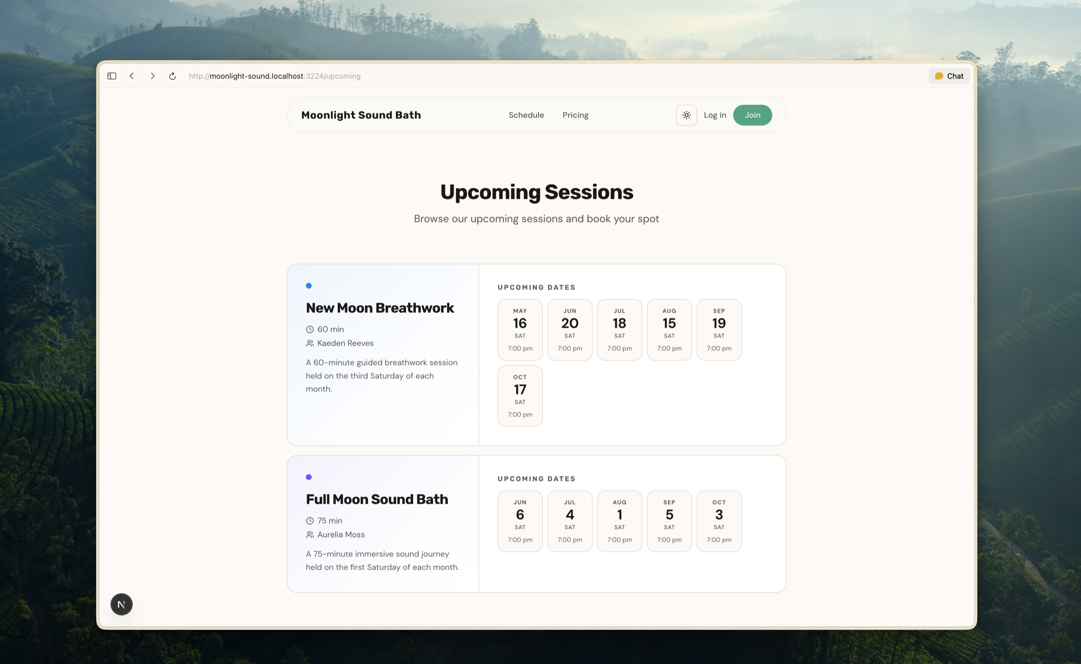 Upcoming Sessions page with service-grouped cards and date chips
