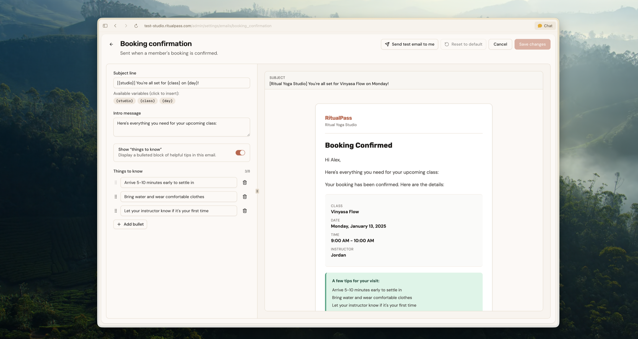 Editing a booking confirmation email with live preview