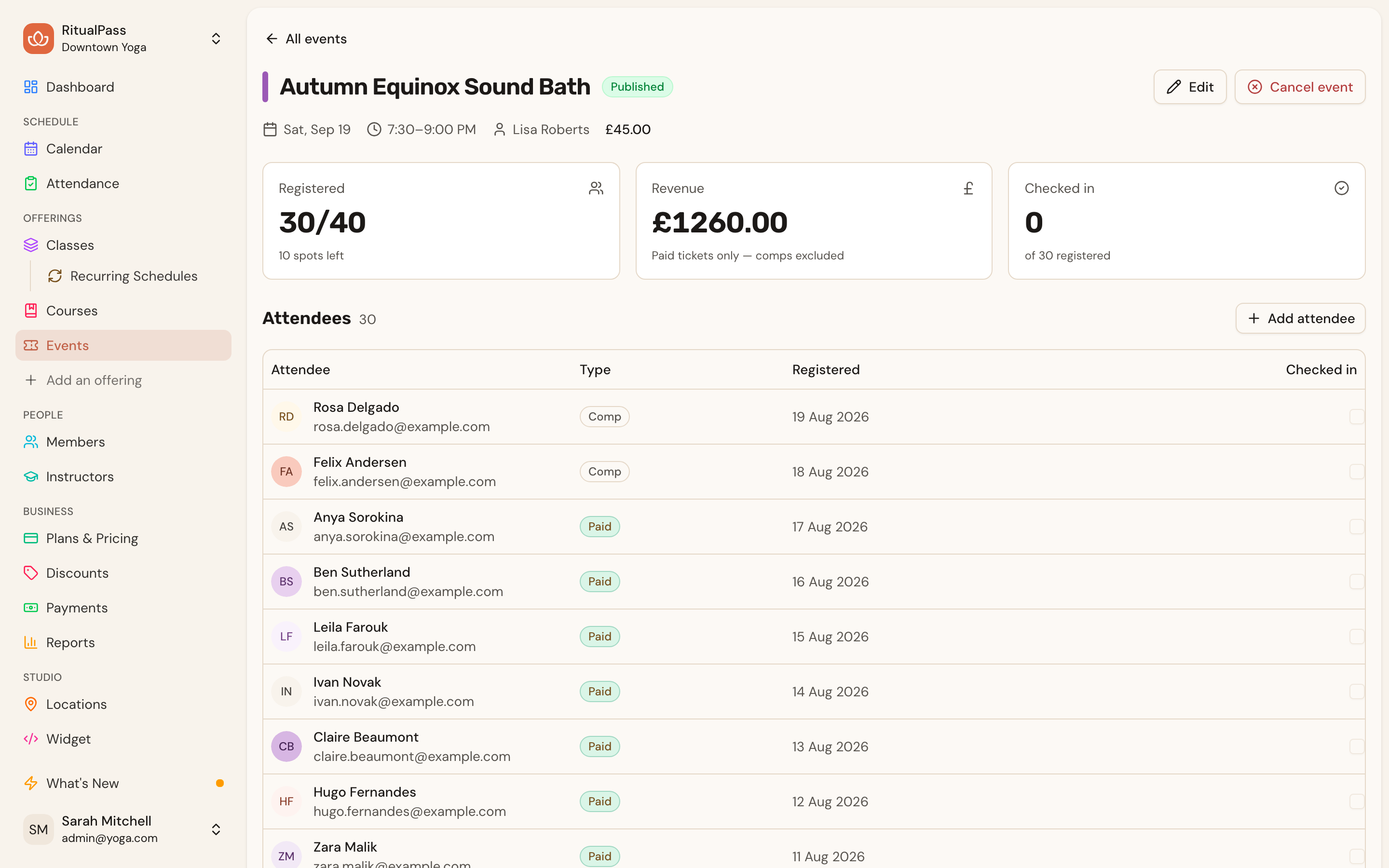 Managing an event's attendees, revenue and check-in from the dashboard