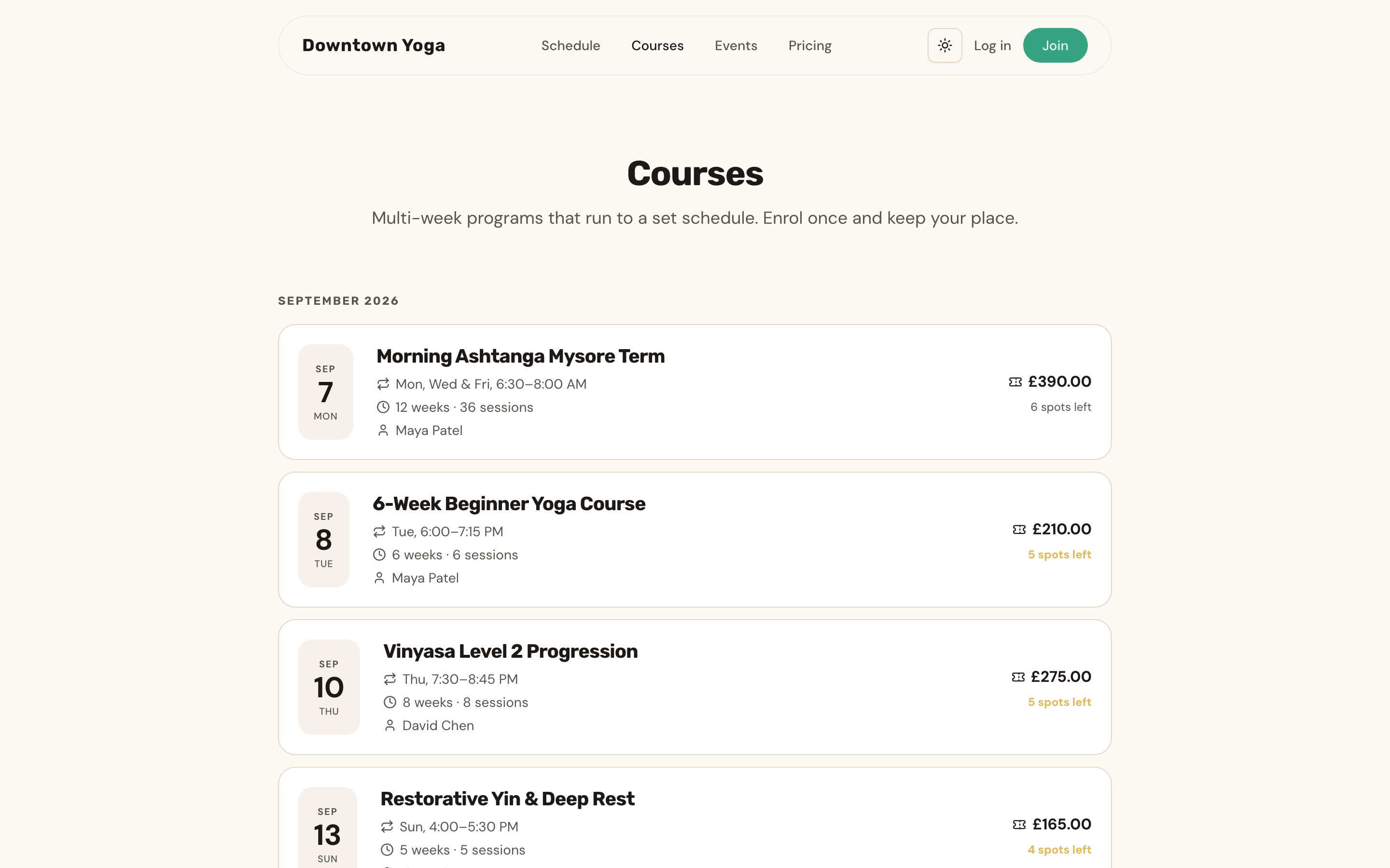 A studio's public Courses page with upcoming programs